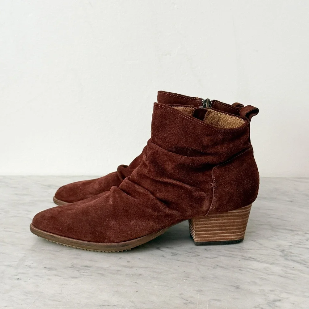 Kelsi Dagger Brooklyn KDB Ankle Boots Slouchy Suede 7.5 Brown Pointed Toe Block